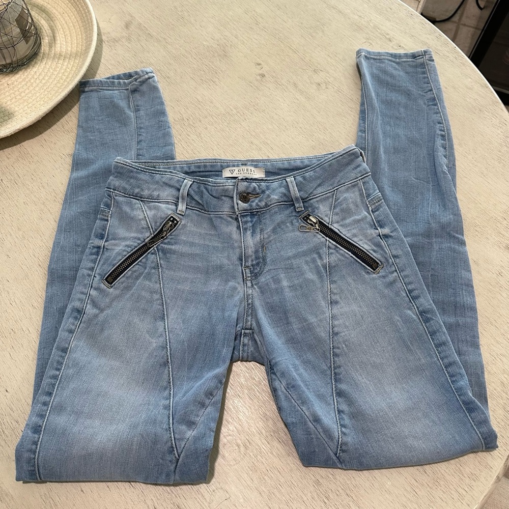Guess Light Blue Skinny Jeans with Zipper Accents